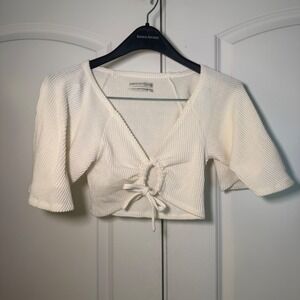 Urban Outfitters Womens XS Ribbed Knit Tie Front Crop Top Cream Short Sleeve